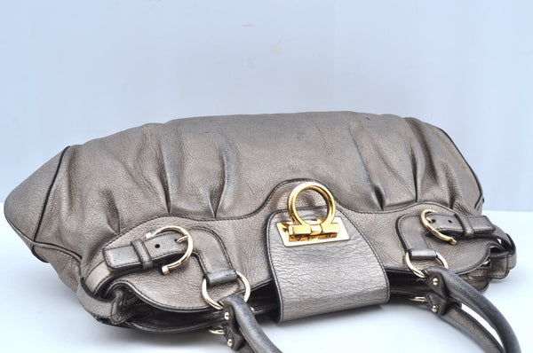 Authentic Salvatore Ferragamo Gancini Leather Shoulder Tote Bag Silver K6002