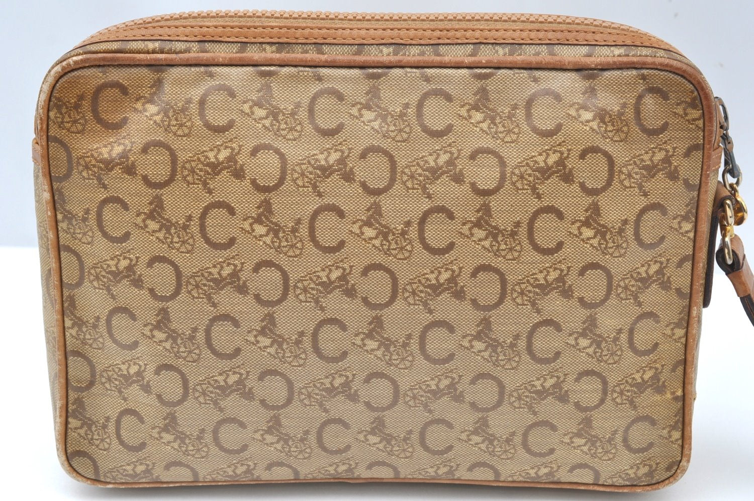 Authentic CELINE C Macadam Carriage Clutch Hand Bag PVC Leather Beige K6010