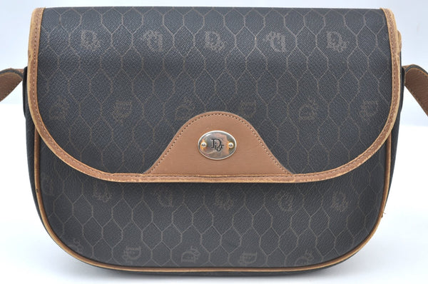 Authentic Christian Dior Honeycomb Shoulder Cross Bag PVC Leather Brown K6019