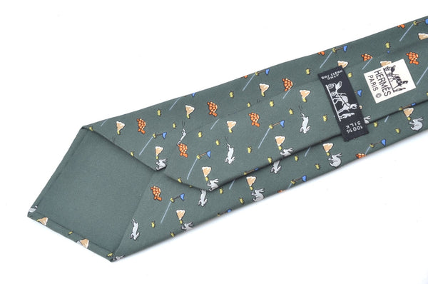 Authentic HERMES Tie Necktie Rabbit and Turtle Pattern Silk 7797FA Green K6046