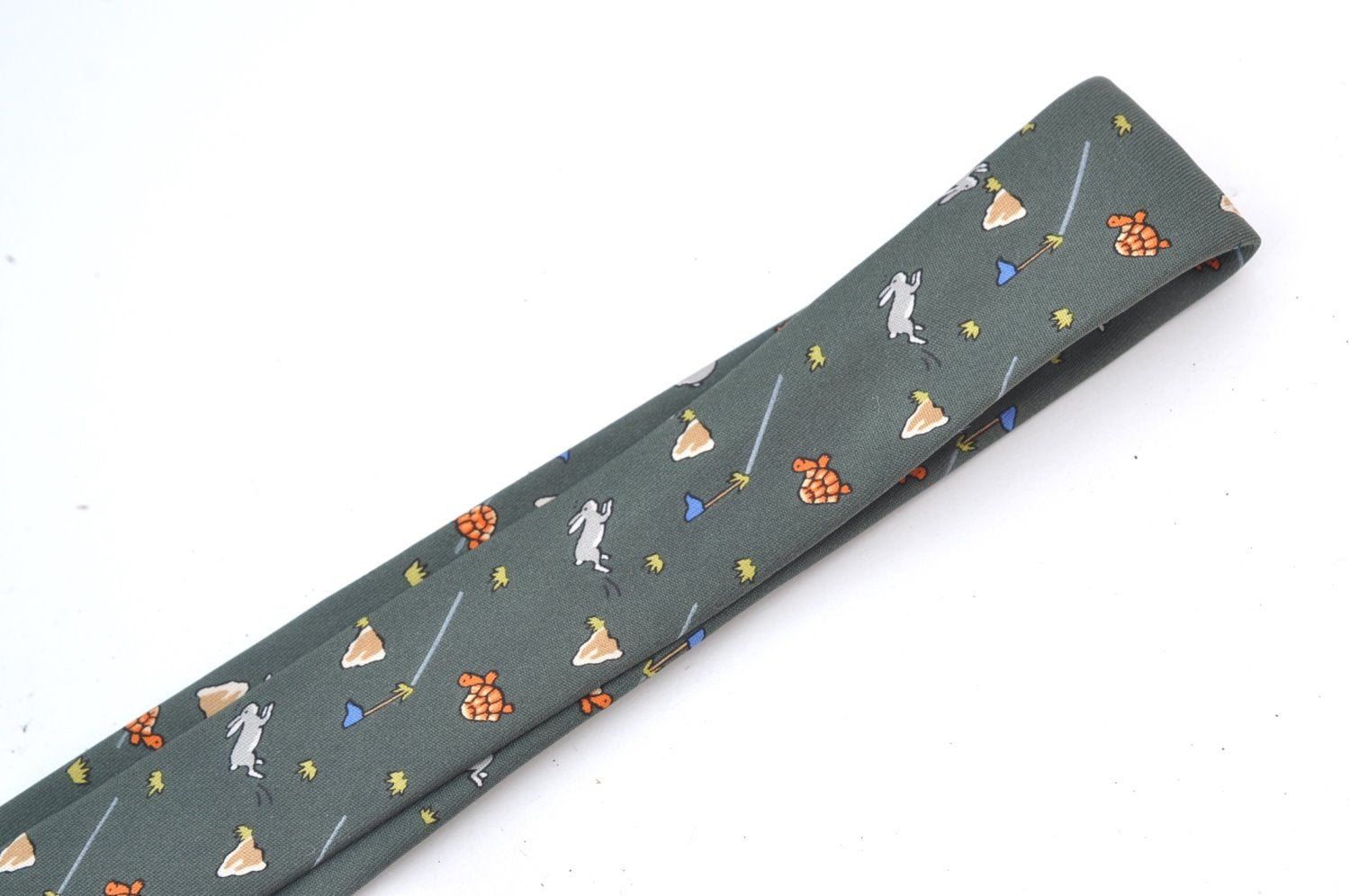 Authentic HERMES Tie Necktie Rabbit and Turtle Pattern Silk 7797FA Green K6046