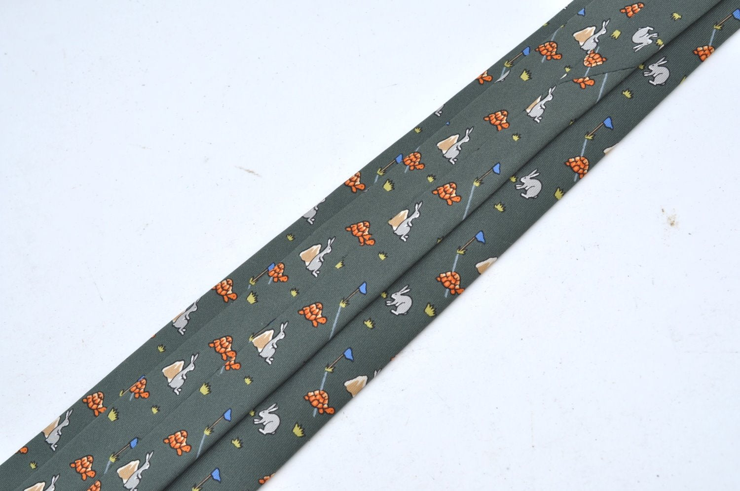 Authentic HERMES Tie Necktie Rabbit and Turtle Pattern Silk 7797FA Green K6046