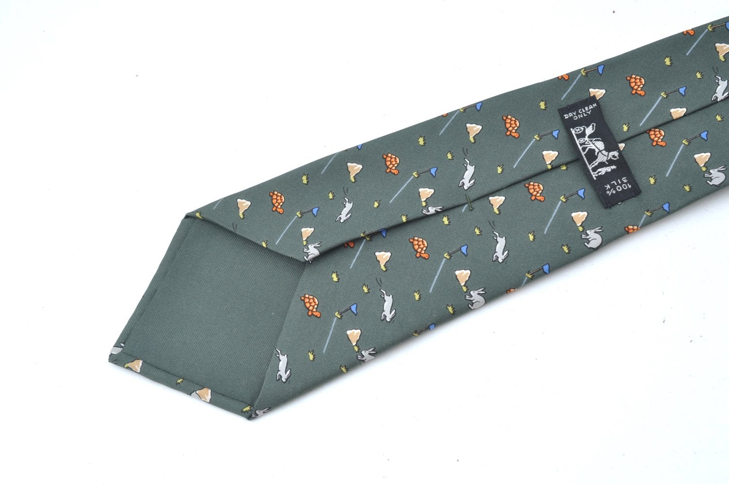 Authentic HERMES Tie Necktie Rabbit and Turtle Pattern Silk 7797FA Green K6046