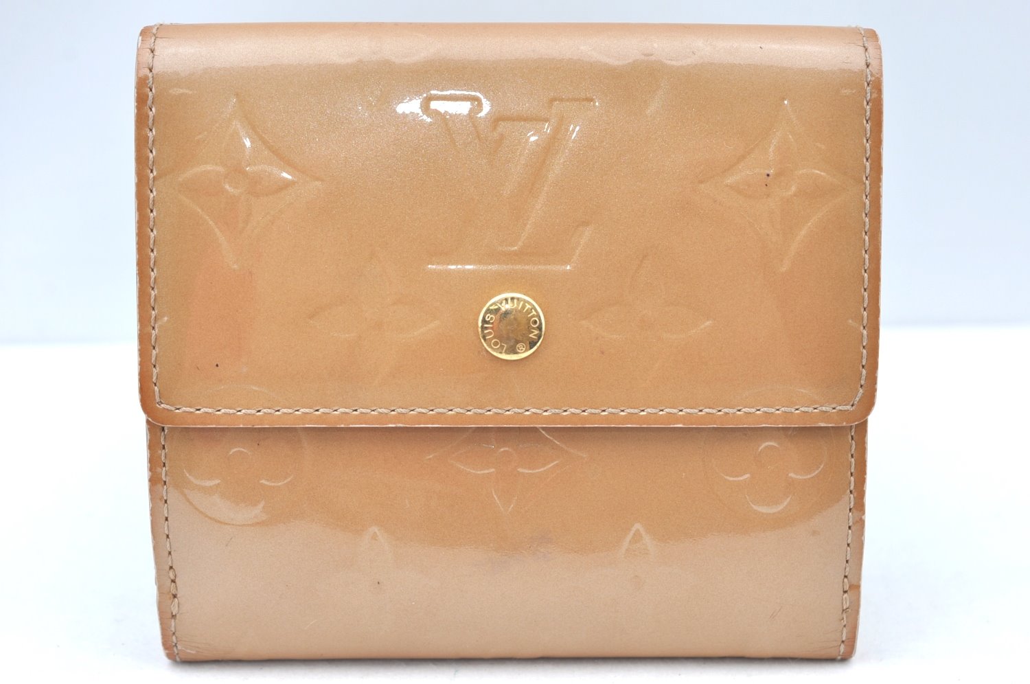 Auth Louis Vuitton Vernis Porte Monnaie Billets Cartes Credit Wallet Beige K6050