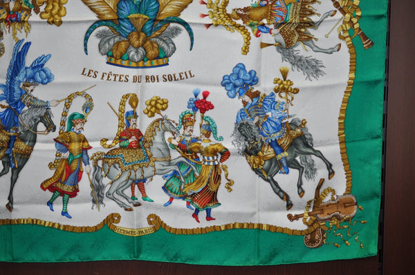 Authentic HERMES Carre 90 Scarf "LES FETES DU ROI SOLEIL" Silk Green K6112