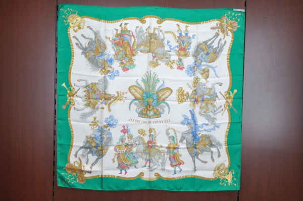 Authentic HERMES Carre 90 Scarf "LES FETES DU ROI SOLEIL" Silk Green K6112