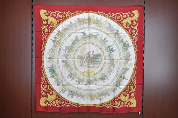 Authentic HERMES Carre 90 Scarf "LA PROMENADE DE LONGCHAMPS" Silk Red K6116