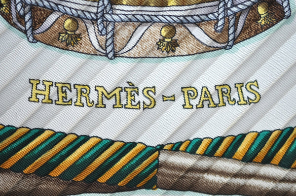 Authentic HERMES Pleats Scarf "LES TAMBOURS" Silk Light Green K6117