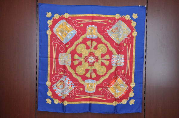 Authentic HERMES Carre 90 Scarf "LES TAMBOURS" Silk Blue K6172