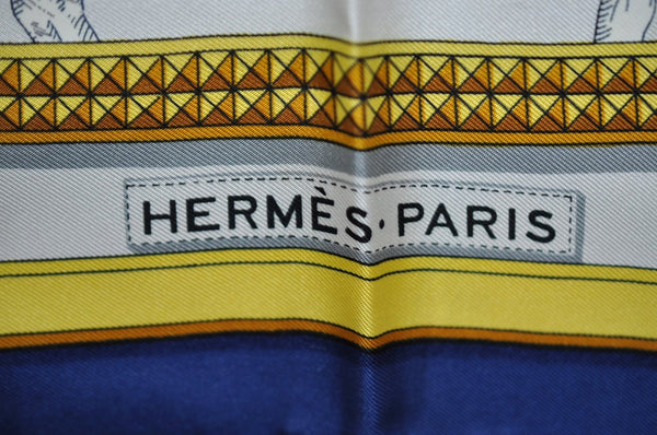 Authentic HERMES Carre 90 Scarf "GRAND APPARAT" Silk Blue K6173