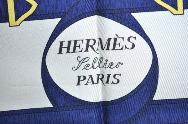 Authentic HERMES Carre 90 Scarf "Eperon D'or" Silk Navy K6174