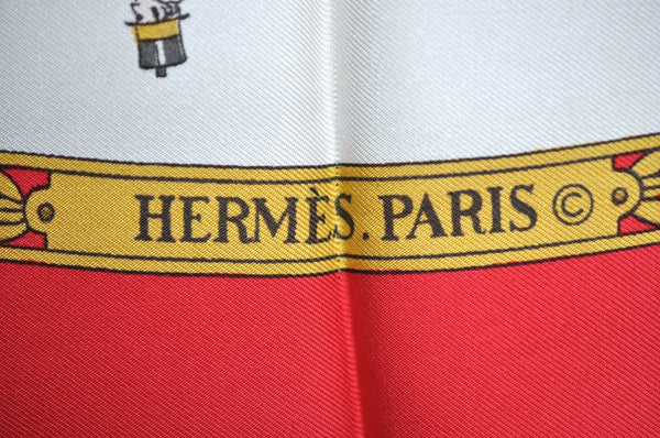 Authentic HERMES Carre 90 Scarf "LA PROMENADE DE LONGCHAMPS" Silk Red K6176