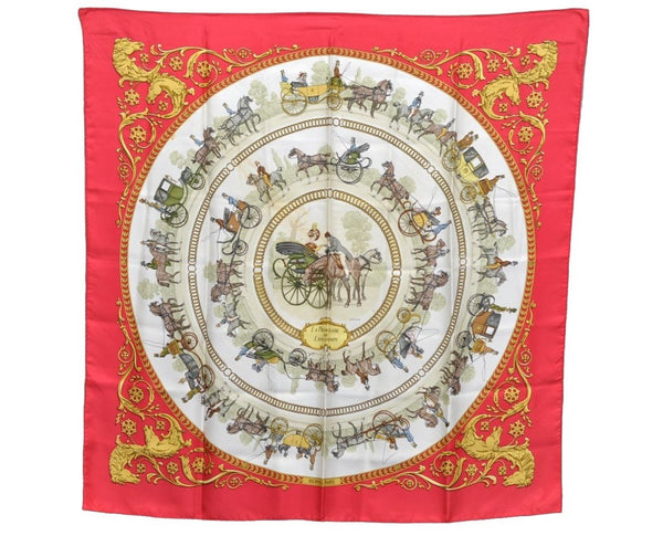 Authentic HERMES Carre 90 Scarf "LA PROMENADE DE LONGCHAMPS" Silk Red K6179