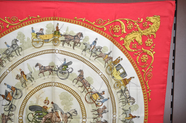 Authentic HERMES Carre 90 Scarf "LA PROMENADE DE LONGCHAMPS" Silk Red K6179