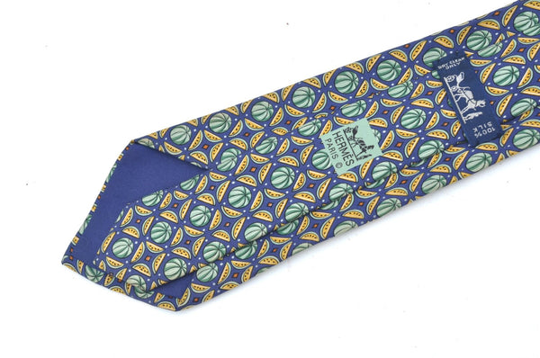 Authentic HERMES Tie Necktie Watermelon Pattern Silk 7658TA Navy Green K6181