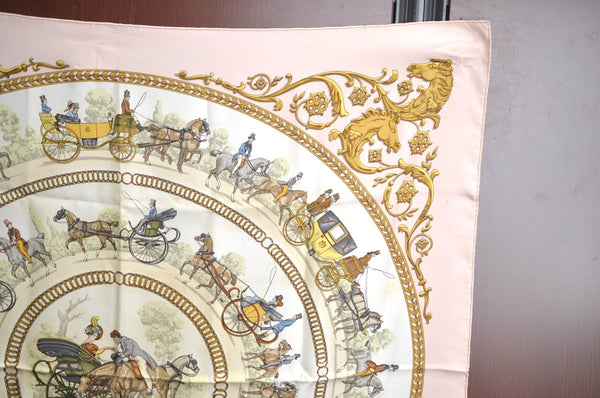 Authentic HERMES Carre 90 Scarf "LA PROMENADE DE LONGCHAMPS" Silk Pink K6332