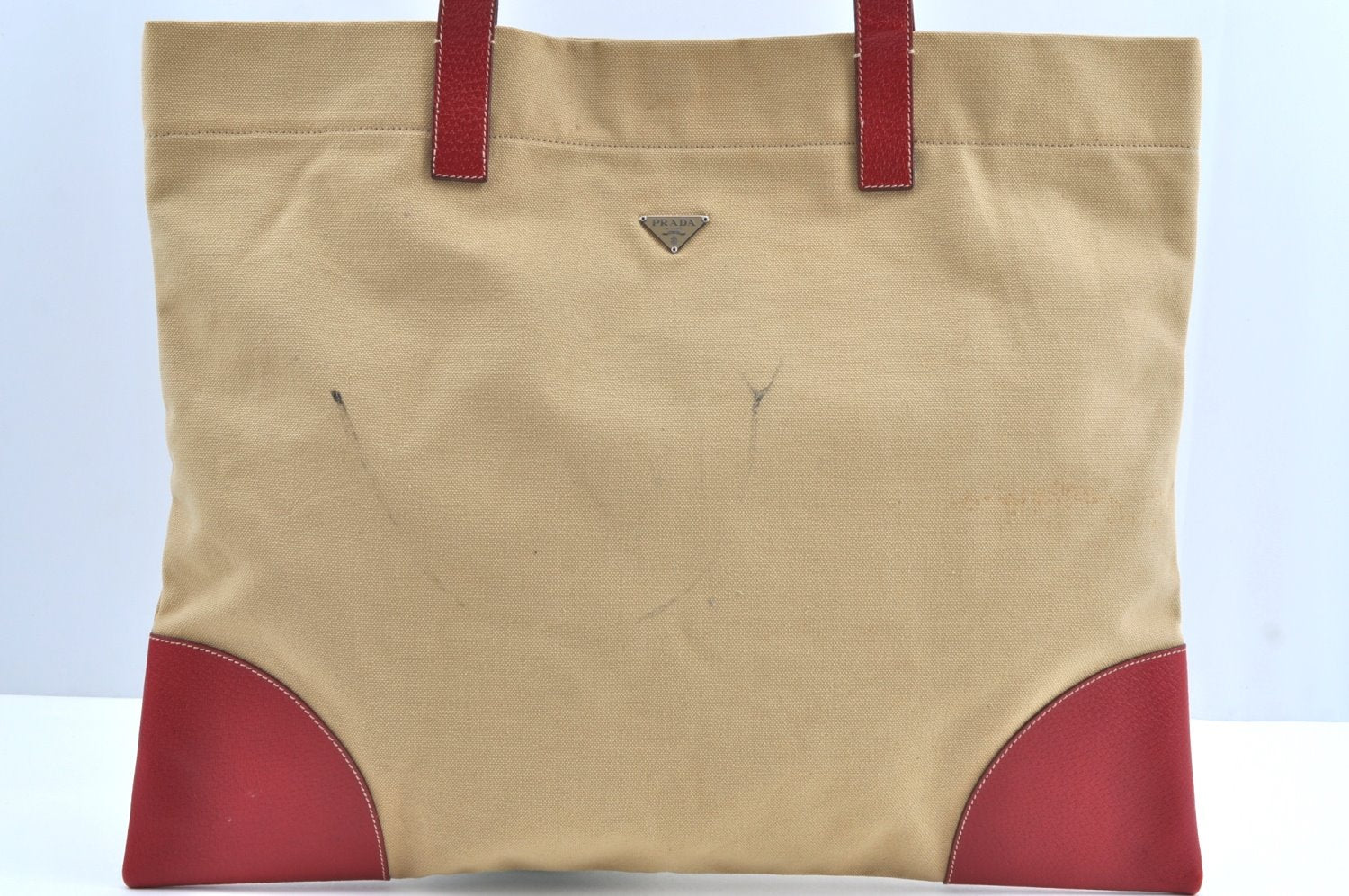 Authentic PRADA Vintage Canvas Leather Shoulder Tote Bag BR0214 Beige K6429