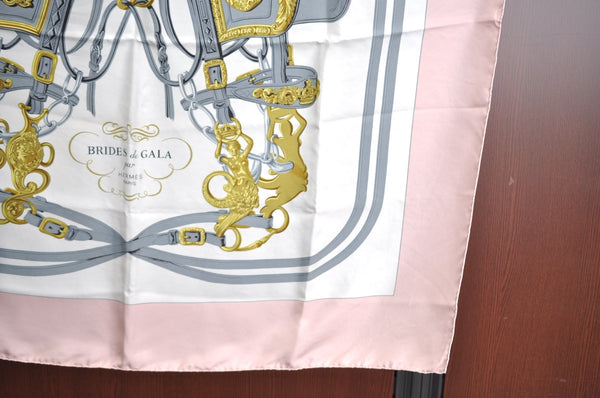 Authentic HERMES Carre 90 Scarf "BRIDES de GALA par" Silk Pink K6432