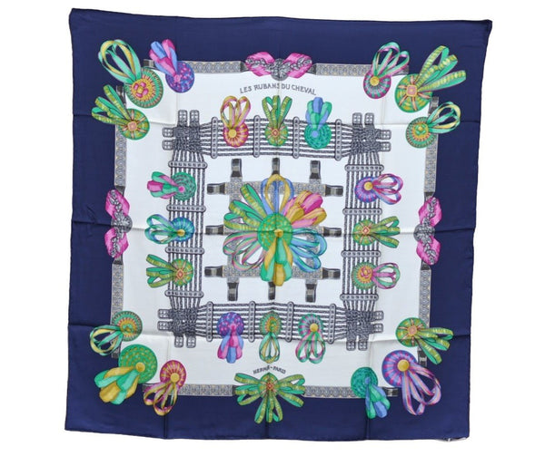 Authentic HERMES Carre 90 Scarf "LES RUBANS DU CHEVAL" Silk Navy Box K6448