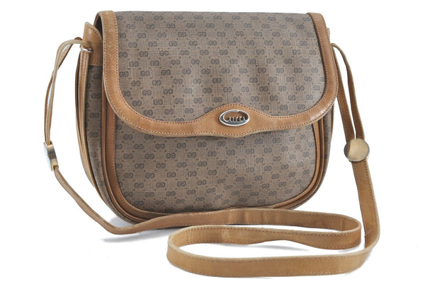 Authentic GUCCI Micro GG PVC Leather Shoulder Cross Body Bag Brown H6356