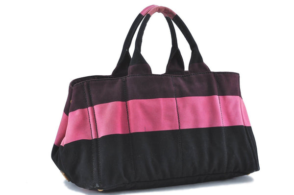 Authentic PRADA Canapa Canvas Cotton Tote Hand Bag Pink Black H6627
