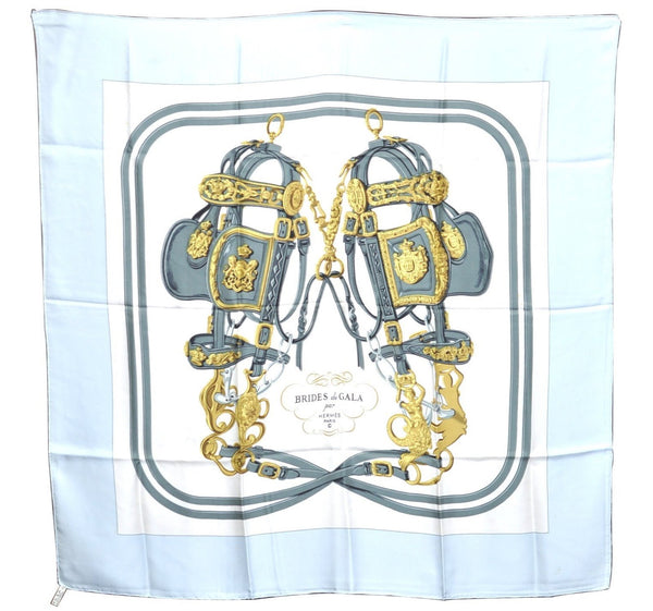 Authentic HERMES Carre 90 Scarf "BRIDES de GALA par" Silk Light Blue Box H6673