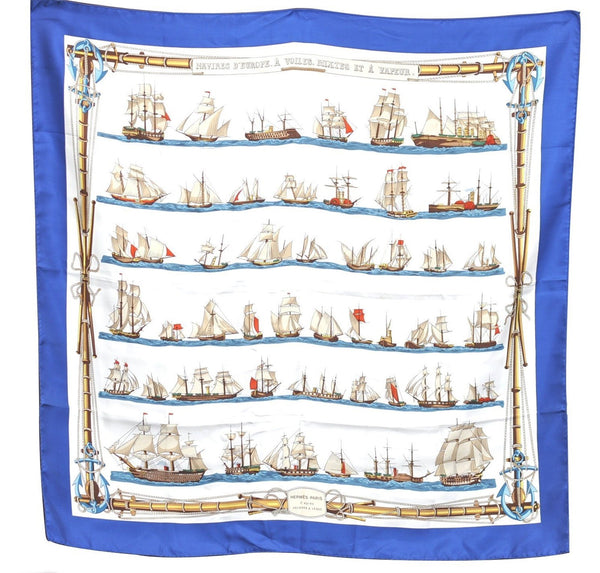 Auth HERMES Carre 90 Scarf "NAVIRES D'EUROPE A VOILES, MIXTES" Silk Navy H6685