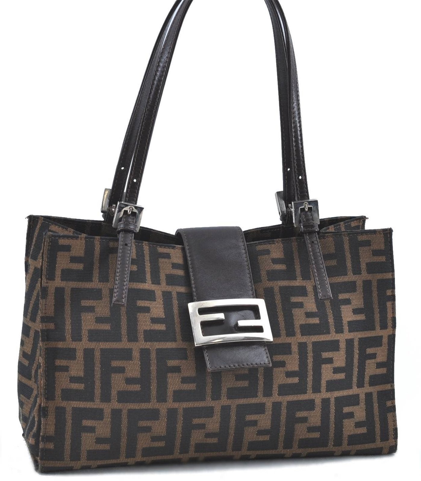 Auth FENDI Zucca Mamma Baguette Shoulder Tote Bag Canvas Leather Brown H6862